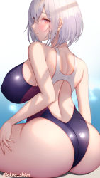 Rule 34 | 1girl, akira shiun, artist name, ass, azur lane, back, bare shoulders, blurry, blurry background, blush, breasts, commentary request, competition swimsuit, covered erect nipples, facing away, hair between eyes, highres, large breasts, looking back, one-piece swimsuit, parted lips, pink eyes, short hair, silver hair, simple background, sirius (azur lane), sitting, solo, swimsuit