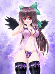Rule 34 | 1girl, absurdres, babydoll, bad id, bad pixiv id, bird wings, black thighhighs, black wings, blush, bow, bow legwear, bow panties, bra, breasts, brown hair, cleavage, collarbone, fang, feathered wings, hair bow, hand in own hair, heart, heart-shaped pupils, highres, lace, lace-trimmed bra, lace-trimmed panties, lace trim, large breasts, lingerie, long hair, open mouth, panties, purple background, purple panties, red eyes, reiuji utsuho, revision, see-through, side-tie panties, skindentation, solo, symbol-shaped pupils, thighhighs, third eye, touhou, translated, underwear, underwear only, very long hair, wings, wisp d