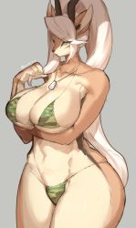 Rule 34 | anima nose, animal ears, animal nose, arm under breasts, beige fur, bikini, body fur, breasts, brown fur, camouflage, camouflage bikini, claws, collarbone, commentary request, cowboy shot, dog tags, furry, furry female, gazelle, gazelle ears, gazelle horns, highres, horizontal pupils, large breasts, long hair, navel, original, simple background, snout, standing, suurin (ksyaro), swimsuit, twitter username, two-tone fur, very long hair, white hair