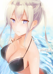 Rule 34 | 10s, 1girl, alternate costume, arm at side, bikini, black bikini, blonde hair, blue eyes, breasts, cleavage, from above, graf zeppelin (kancolle), hair between eyes, kantai collection, large breasts, lips, long hair, looking at viewer, midriff, partially submerged, sakiryo kanna, sidelocks, solo, swimsuit, tsurime, twintails, upper body, water