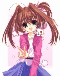 Rule 34 | 1girl, ahoge, animal, animal on shoulder, border, brown hair, cowboy shot, cropped jacket, frilled shirt, frills, glint, gradient background, green eyes, hair intakes, hair ribbon, hajang68, highres, jacket, long hair, long sleeves, looking at viewer, one side up, open clothes, open jacket, open mouth, original, outside border, pink background, pink jacket, pink ribbon, rabbit, rabbit on shoulder, ribbon, shirt, smile, solo, standing, star (symbol), twitter username, v, white border, white rabbit (animal), white shirt