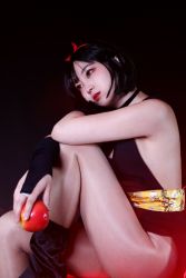 Rule 34 | 1girl, absurdres, apple, bare legs, bare shoulders, black hair, blush, breasts, cleavage, cosplay, dated, dress, fetal position, food, fruit, hairband, highres, inuyasha, lips, looking to the side, medium breasts, model request, no bra, photo (medium), red eyes, revealing clothes, sakasagami no yura, sakasagami no yura (cosplay), shiny skin, short dress, sitting