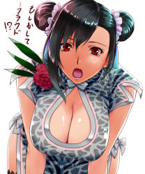 Rule 34 | 1girl, alternate hairstyle, black hair, breasts, brown eyes, china dress, chinese clothes, cleavage, cleavage cutout, clothing cutout, corsage, double bun, dress, final fantasy, final fantasy vii, final fantasy vii remake, hair bun, highres, large breasts, leaning forward, looking at viewer, official alternate costume, open mouth, simple background, solo, square enix, switch01, tifa lockhart, translation request, wall market