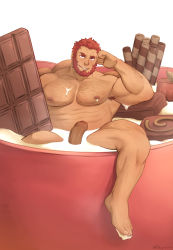 Rule 34 | 1boy, abs, absurdres, armpit hair, bara, beard, biceps, candy, chest hair, chocolate, chocolate bar, completely nude, cup, dark-skinned male, dark skin, elbow rest, erection, facial hair, fate/grand order, fate (series), feiya6022, food, foreskin, highres, in container, in cup, iskandar (fate), large pectorals, leg hair, looking at viewer, male focus, mature male, milk, mini person, miniboy, mug, muscular, muscular male, navel, navel hair, nipples, nude, partially submerged, pectorals, seductive smile, short hair, smile, smirk, solo, stomach, thick eyebrows, thick thighs, thighs, valentine, white background