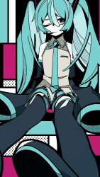 Rule 34 | 1girl, abstract background, absurdres, aqua eyes, aqua hair, aqua necktie, bare shoulders, closed mouth, collared shirt, detached sleeves, grey shirt, hair between eyes, hair ornament, halftone, hatsune miku, headset, highres, long hair, long sleeves, looking at viewer, machigami yoh, necktie, one eye closed, shirt, sitting, sleeveless, sleeveless shirt, sleeves past fingers, sleeves past wrists, solo, twintails, vocaloid