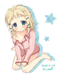 Rule 34 | 1girl, :o, bare legs, barefoot, black bullet, blonde hair, blue eyes, blush, breasts, collarbone, commentary request, dated, diagonal stripes, dutch angle, from above, full body, hair ribbon, head tilt, kaiware-san, long hair, long sleeves, looking at viewer, looking up, no pants, off shoulder, pajamas, parted lips, petite, pink pajamas, pink shirt, ribbon, shirt, sitting, sketch, sleeves past wrists, small breasts, solo, tina sprout, wariza, white background