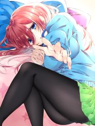 Rule 34 | bed, bed sheet, black pantyhose, blue cardigan, blue eyes, blush, breasts, brown hair, cardigan, commentary request, go-toubun no hanayome, green skirt, hair between eyes, headphones, headphones around neck, heart, highres, large breasts, long hair, long sleeves, looking at viewer, lying, nakano miku, on side, open mouth, outstretched hand, pantyhose, pillow, pleated skirt, shirt, skirt, solo, tenti0619