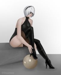 Rule 34 | 1girl, black footwear, black one-piece swimsuit, blindfold, boots, breasts, cleavage, collarbone, doombie, full body, gradient background, hairband, hands on own leg, high heel boots, high heels, highres, leather, leather boots, nier (series), nier:automata, one-piece swimsuit, self-upload, short hair, simple background, sitting, solo, swimsuit, thigh boots, thighhighs, thighs, white hair, 2b (nier:automata)