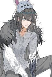 1boy anger_vein arlizi arms_between_legs arthropod_boy black_cloak blue_eyes cloak diamond_hairband fate/grand_order fate_(series) fou_(fate) fur-trimmed_cloak fur_trim grey_hair grey_pants hair_between_eyes highres male_focus oberon_(fate) oberon_(third_ascension)_(fate) pants parted_lips shirt short_hair solo spoilers white_background white_shirt