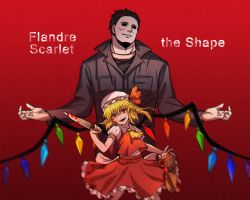 Rule 34 | 1boy, 1girl, arms at sides, black shirt, blonde hair, blood, bloody weapon, blouse, collared jacket, collared shirt, crossover, english text, evil smile, feet out of frame, flandre scarlet, halloween (movie), hat, highres, jacket, looking at viewer, michael myers, mob cap, red background, red eyes, sdz (inazuma), shirt, smile, touhou, weapon, white shirt