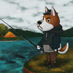 Rule 34 | animal crossing, boots, coat, copper (animal crossing), dog, fish, fishing, fishing rod, grass, grey sky, hand on pocket, hat, highres, looking down, nintendo, omochi freedom, pants, river, sky, standing, tent