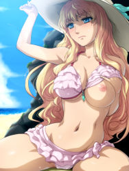 Rule 34 | 1girl, beach, bikini, bikini skirt, bikini top lift, blonde hair, blue eyes, breast slip, breasts, breasts out, cleavage, clothes lift, day, frilled bikini, frills, hairu, hand on headwear, hand on own chest, hat, jewelry, large breasts, lifted by self, long hair, macross, macross frontier, navel, necklace, nipples, one breast out, outdoors, sand, sheryl nome, shiny skin, sky, solo, sweatdrop, swimsuit