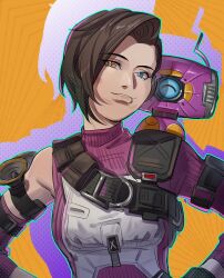 Rule 34 | 1girl, ^ ^, animification, apex legends, apex legends mobile, black hair, blue eyes, breasts, brown eyes, chinese commentary, chongmingggg, closed eyes, drop shadow, heterochromia, highres, lip piercing, medium breasts, non-humanoid robot, one-eyed, orange background, parted lips, piercing, purple sweater, rhapsody (apex legends), ribbed sweater, robot, rowdy (apex legends), short hair, single sleeve, smile, solo, sweater, upper body