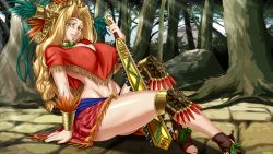 Rule 34 | 1girl, absurdres, aztec, bead necklace, beads, blonde hair, bracer, breasts, brown footwear, chin piercing, club (weapon), covered erect nipples, fate/grand order, fate (series), forest, fringe trim, gold trim, green eyes, green nails, hair ornament, headband, headdress, highres, holding, holding weapon, jewelry, knee pads, large breasts, long hair, looking at viewer, low-tied long hair, low tied hair, macuahuitl, miniskirt, nail polish, nature, navel, neck ring, necklace, on ground, parted bangs, piercing, poncho, quetzalcoatl (fate), red skirt, sandals, sideboob, sitting, skirt, smile, toenail polish, toenails, weapon, zantyarz