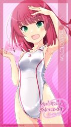 Rule 34 | 1girl, artist name, breasts, character name, commission, competition swimsuit, cowboy shot, green eyes, harukado koyomi, highleg, highleg swimsuit, highres, inaba shiki, looking at viewer, one-piece swimsuit, open mouth, pink background, pixiv commission, red hair, short hair, small breasts, smile, solo, striped background, swimsuit, venus eleven vivid!, white one-piece swimsuit