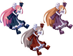 Rule 34 | 3girls, :q, alternate color, arm up, boots, brown eyes, brown hair, capelet, character sheet, disgaea, disgaea d2, dress, earrings, full body, grey hair, hair ribbon, hairband, harada takehito, index finger raised, jewelry, long hair, mage (disgaea), multiple girls, multiple persona, official art, pink hair, pointy ears, purple capelet, purple eyes, red eyes, ribbon, shawl, tongue, tongue out, variations, very long hair, white background