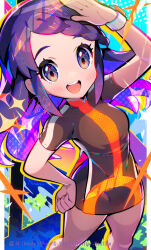 1girl :d alternate_costume alternate_hairstyle artist_name blue_eyes blue_hair blush brown_dress creatures_(company) dawn_(pokemon) dress eyelashes game_freak highres long_hair naoto_(yandereheaven) nintendo official_alternate_costume official_alternate_hairstyle open_mouth pixiv_id pokemon pokemon_bdsp poketch short_sleeves signature smile solo sparkle standing teeth twitter_username upper_teeth_only watch wristwatch