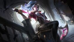 Rule 34 | 1girl, absurdres, akali, animal, bird, black pants, breasts, closed mouth, crow, dagger, frown, grey hair, highres, holding, holding dagger, holding knife, holding scythe, holding weapon, indoors, jacket, knife, league of legends, medium breasts, official alternate costume, official art, open clothes, open jacket, pants, ponytail, prestige coven akali, red eyes, red jacket, scythe, sitting, solo, thorns, weapon