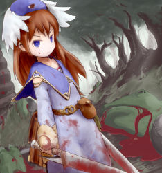 Rule 34 | blood, blue eyes, brown hair, dual wielding, goma (mm324), hat, holding, monster, nature, outdoors, sword, vorpal rabbit, weapon, winged hat