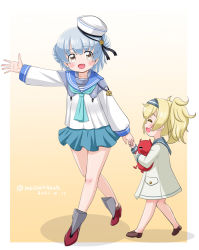 Rule 34 | 2girls, = =, abyssal ship, aged down, aqua neckwear, aqua skirt, black ribbon, blonde hair, blue hair, blue sailor collar, border, commentary request, dated, dixie cup hat, double bun, dragging, dress, enemy lifebuoy (kancolle), fang, gambier bay (kancolle), gradient background, hair bun, hairband, hat, hat ribbon, kantai collection, long sleeves, masara (chuujou), military hat, miniskirt, multiple girls, neckerchief, official alternate costume, open mouth, pleated skirt, red footwear, ribbon, sailor collar, sailor dress, samuel b. roberts (kancolle), school uniform, serafuku, shirt, short hair, skirt, sleeve cuffs, smile, stuffed toy, twintails, twitter username, white border, white headwear, white shirt, yellow background, yellow eyes