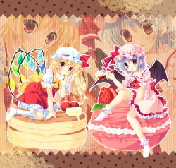 Rule 34 | 2girls, ankle socks, arm support, ascot, bad id, bad pixiv id, bat wings, berry, between legs, blonde hair, blue hair, blush, border, brooch, butter, cup, flandre scarlet, food, fruit, hand between legs, hat, hat ribbon, head tilt, jewelry, knee up, kneehighs, kneeling, looking at viewer, macaron, mob cap, moi (licoco), multiple girls, no shoes, open mouth, oversized object, pancake, polka dot, polka dot background, puffy short sleeves, puffy sleeves, red eyes, remilia scarlet, ribbon, short hair, short sleeves, siblings, side ponytail, sisters, sitting, skirt, skirt set, socks, strawberry, striped, striped background, syrup, teacup, touhou, wings, zoom layer