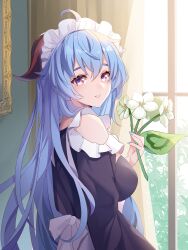 Rule 34 | 1girl, absurdres, ahoge, bare shoulders, black dress, blue hair, breasts, detached sleeves, dress, flower, from side, ganyu (genshin impact), genshin impact, highres, holding, holding flower, indoors, light smile, lingshalan, long hair, looking at viewer, maid, maid headdress, medium breasts, parted lips, purple eyes, qingxin flower, sidelocks, solo, white flower, window