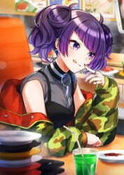 Rule 34 | 1girl, black dress, blurry, blurry background, camouflage, camouflage coat, coat, dress, drinking straw, grey shirt, highres, idolmaster, idolmaster shiny colors, indoors, jewelry, lens flare, long hair, nail polish, pinafore dress, plate, plate stack, purple eyes, purple hair, purple nails, ring, shinishi chiho, shirt, sleeveless, sleeveless dress, sleeveless shirt, solo, tanaka mamimi, tongue, tongue out, twintails
