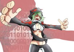 Rule 34 | 1girl, artist request, binary, breasts, digimon, green hair, hood, hoodie, jacket, looking to the side, medium breasts, navel, open clothes, open jacket, open mouth, orange eyes, shaded face, shinomiya rina, short shorts, shorts