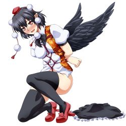 Rule 34 | 1girl, arms behind back, bdsm, black hair, black skirt, black thighhighs, black wings, blush, bondage, bound, breasts, commentary request, feathered wings, full body, geta, hat, looking at viewer, medium breasts, ootsuki wataru, pointy ears, pom pom (clothes), puffy short sleeves, puffy sleeves, red eyes, red footwear, shameimaru aya, shibari, shibari over clothes, shoes, short hair, short sleeves, skirt, unworn skirt, solo, thighhighs, tiptoes, tokin hat, touhou, transparent background, wings