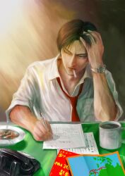 Rule 34 | 1boy, black hair, brown eyes, chen gui zhang, chinese text, cigarette, cigarette butt, coffee, coffee mug, cup, dated, desk, dress shirt, hand in own hair, highres, kohji, looking down, loose necktie, map, medium hair, mug, necktie, paper, parted bangs, pen, phone, red necktie, sega, shenmue, shenmue i, shirt, signature, sleeves rolled up, smoking, watch, white shirt, wristwatch, writing