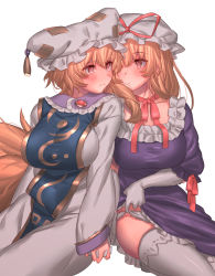 Rule 34 | 2girls, absurdres, animal hat, blonde hair, blush, breasts, clothes lift, commentary request, dress, elbow gloves, fox tail, frilled dress, frilled panties, frills, gloves, hand grab, hat, hat ribbon, highres, holding hands, interlocked fingers, large breasts, lifting own clothes, long hair, long sleeves, looking at another, masanaga (tsukasa), mob cap, multiple girls, multiple tails, neck ribbon, orange eyes, panties, panty pull, mob cap, purple dress, red neckwear, ribbon, short hair, simple background, sitting, skirt, skirt lift, tabard, tail, tassel, thighhighs, touhou, underwear, white background, white dress, white gloves, white legwear, white panties, yakumo ran, yakumo yukari