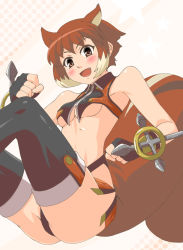 Rule 34 | 1girl, animal ears, arc system works, ass, bare shoulders, blazblue, blazblue: continuum shift, blush, boots, breasts, brown eyes, brown hair, makoto nanaya, miniskirt, multicolored hair, orange skirt, panties, revealing clothes, shimotsuki iko, short hair, skirt, smile, solo, squirrel ears, squirrel tail, tail, thighhighs, thong, tonfa, underboob, underwear, weapon