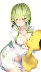 Rule 34 | 1girl, absurdres, alternate breast size, blush, breasts, c.c., cheese-kun, cleavage, closed mouth, code geass, green hair, highres, holding, holding stuffed toy, large breasts, long hair, looking at viewer, no pants, shirt, simple background, solo, stuffed toy, white background, white shirt, yellow eyes, yuunamida uyu