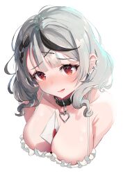 Rule 34 | 1girl, animal collar, between breasts, black collar, black hair, braid, breasts, camisole, close-up, collar, collarbone, earrings, frilled camisole, frills, grey hair, hair ornament, heart, heart-shaped pupils, heart collar, heart in eye, highres, hololive, jewelry, large breasts, letter, lil noot, love letter, multicolored hair, parted lips, red eyes, sakamata chloe, sakamata chloe (1st costume), solo, streaked hair, symbol-shaped pupils, symbol in eye, upper body, valentine, virtual youtuber, white camisole, x hair ornament