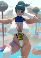 Rule 34 | 1girl, 2021, alternate body size, alternate breast size, alternate costume, arm behind head, armpits, artist name, artnip, backlighting, bare shoulders, blue eyes, blue grass, blurry, breasts, bulma, cleavage, covered erect nipples, cowboy shot, curvy, day, depth of field, dragon ball, dragonball z, facing viewer, gloves, green hair, high ponytail, highleg, highleg leotard, huge breasts, leg up, leotard, lips, looking at viewer, medium hair, namek, no bra, nose, outdoors, over-kneehighs, photorealistic, plunging neckline, ponytail, purple-tinted eyewear, realistic, revealing clothes, saiyan armor, scouter, skindentation, solo, standing, thick thighs, thighhighs, thighs, tinted eyewear, tree, white gloves, white thighhighs