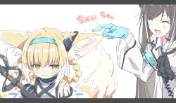 Rule 34 | 2girls, ^ ^, absurdres, animal ears, arknights, black gloves, blonde hair, blush, blush stickers, brown hair, closed eyes, earpiece, female focus, folinic (arknights), gloves, green eyes, hair rings, hairband, highres, holding, holding staff, lab coat, laika (sputnik2nd), letterboxed, lip biting, long hair, motion lines, multiple girls, open mouth, pointing, rubber gloves, short hair, smile, staff, suzuran (arknights), sweatdrop, tail