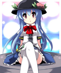 Rule 34 | 1girl, arm support, blue hair, fa no hito, female focus, food, fruit, hat, highres, hinanawi tenshi, crossed legs, long hair, open mouth, peach, red eyes, sitting, skirt, solo, thighhighs, touhou