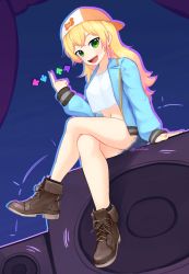 Rule 34 | 1girl, :d, absurdres, ankle boots, arm support, arrow (symbol), baseball cap, blonde hair, blue jacket, blue shorts, boots, copyright request, cropped shirt, crossed legs, dutch angle, fingernails, fold-over boots, gradient hair, green eyes, hair down, hat, highres, hololive, index finger raised, jacket, looking at viewer, momosuzu nene, multicolored hair, nail polish, navel, open mouth, orange nails, shirt, short shorts, shorts, sideways hat, smile, solo, virtual youtuber, white shirt, yoako