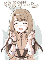 Rule 34 | 1girl, :d, ^ ^, binsen, blush, brown hair, brown jacket, brown skirt, closed eyes, curled fingers, enjoyful! (&amp;joyful!), facing viewer, hands up, highres, idolmaster, idolmaster million live!, idolmaster million live! theater days, jacket, long hair, long sleeves, miyao miya, open mouth, skirt, smile, solo, thick eyebrows, translation request, upper body, very long hair, white background