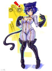 Rule 34 | 1girl, animal ears, atlus, blue eyes, blue hair, blush, bodysuit, breasts, cat ears, cleavage, gloves, hat, highres, long boots, oomasa teikoku, persona, persona 4, sega, shirogane naoto, tail, thick thighs, thighs