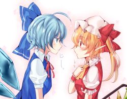 Rule 34 | 2girls, ascot, blue bow, blue dress, blue eyes, blue hair, blush, bow, breasts, cirno, closed mouth, collared shirt, crystal, detached wings, dress, eye contact, flandre scarlet, frilled shirt collar, frills, from side, hair bow, hand on own cheek, hand on own face, hat, jyaoh0731, long pointy ears, looking at another, mob cap, multicolored wings, multiple girls, neck ribbon, open mouth, pinafore dress, pink background, pointy ears, puffy short sleeves, puffy sleeves, red eyes, red ribbon, red vest, ribbon, shirt, short sleeves, sleeve ribbon, sleeveless, sleeveless dress, small breasts, touhou, upper body, vest, white headwear, white shirt, wings, wrist cuffs, yellow ascot