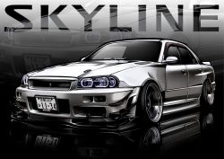Rule 34 | chris ilst, highres, license plate, nissan, nissan skyline, nissan skyline r34, no humans, original, reflection, spot color, stance (vehicle), vehicle focus, vehicle name, white car, zoom layer