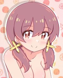 Rule 34 | 1girl, absurdres, blush, breasts, brown eyes, brown hair, collarbone, commentary, eyes visible through hair, hair between eyes, hair over shoulder, highres, hotaruru, large breasts, looking at viewer, low twintails, murosaki miyo, nude, onii-chan wa oshimai!, out-of-frame censoring, outline, portrait, simple background, smile, solo, twintails, upper body, white outline