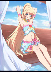 Rule 34 | 1girl, absurdres, aikatsu! (series), aikatsu stars!, arm strap, armpits, arms up, bench, blonde hair, blue eyes, blue skirt, blush, collarbone, giep4869, groin, high ponytail, highres, jewelry, long hair, looking at viewer, midriff, miniskirt, navel, necklace, open mouth, shiratori hime, sitting, sketch, skirt, solo, stomach, strapless, very long hair