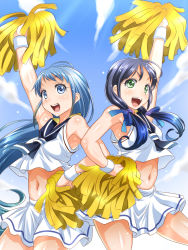Rule 34 | 10s, 2girls, :d, adapted costume, armpits, arms up, bad id, bad pixiv id, bare shoulders, blue eyes, blue hair, bracelet, cheerleader, cloud, day, gradient background, gradient hair, green eyes, hair ribbon, hand on own hip, highres, jewelry, kantai collection, long hair, low twintails, maeda r44, multicolored hair, multiple girls, navel, open mouth, pom pom (cheerleading), ribbon, samidare (kancolle), school uniform, serafuku, skirt, sky, smile, suzukaze (kancolle), sweat, sweatband, swept bangs, twintails, very long hair, wrist cuffs, wristband