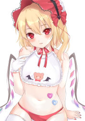 Rule 34 | 1girl, animal print, apron, bandaid, bandaid on navel, bare shoulders, bat print, bat wings, bear print, bib, blonde hair, blush, bonnet, choker, cismlyri, closed mouth, collarbone, commentary request, cowboy shot, crystal, flandre scarlet, gloves, hair between eyes, hand on own chest, heart, highres, index finger raised, looking at viewer, nail polish, naked apron, navel, neck ribbon, one side up, panties, red eyes, red headwear, red nails, red panties, red ribbon, ribbon, ribbon choker, short hair, signature, simple background, sitting, solo, stuffed animal, stuffed toy, sweat, teddy bear, thighhighs, touhou, underwear, white background, white gloves, white thighhighs, wings