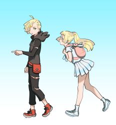 Rule 34 | 1boy, 1girl, absurdres, ahoge, backpack, bag, black pants, blonde hair, blue background, bomhat, brother and sister, creatures (company), from side, game freak, gladion (pokemon), gradient background, green eyes, highres, lillie (pokemon), long hair, long sleeves, miniskirt, nintendo, pants, parted lips, pointing, pointing forward, pokemon, pokemon sm, ponytail, shirt, shoes, short hair, short sleeves, siblings, simple background, skirt, torn clothes, torn pants, white shirt, white skirt