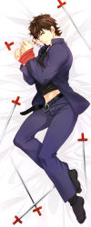 Rule 34 | 1boy, bed sheet, black keys (type-moon), bound, brown eyes, brown hair, cross, cross necklace, dakimakura (medium), fate/zero, fate (series), full body, highres, jewelry, kotomine kirei, male focus, necklace, on bed, solo, sunday31, sweatdrop, tied up (nonsexual)