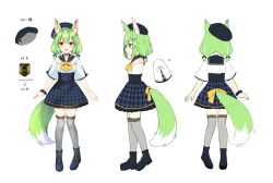Rule 34 | 1girl, absurdres, animal ears, black footwear, black headwear, blush, boots, brown eyes, character sheet, cross-laced footwear, green hair, grey thighhighs, hair ornament, highres, indie virtual youtuber, looking at viewer, low twintails, medium hair, mira lupus, multicolored hair, open mouth, ruhika, short twintails, simple background, smile, tail, thighhighs, twintails, virtual youtuber, white background, white hair, x hair ornament