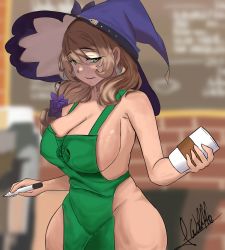 Rule 34 | 1girl, absurdres, apron, barista, bottomless, breasts, cleavage, cowboy shot, genshin impact, green apron, highres, iced latte with breast milk (meme), jhonwikkle, large breasts, lisa (genshin impact), meme, naked apron, self-upload, signature, solo, starbucks, topless